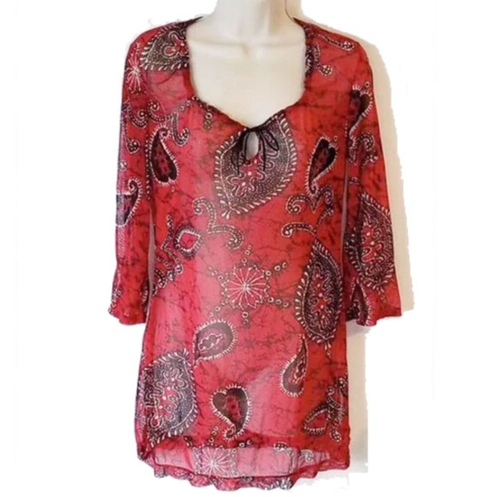 NWOT Mexx Mesh Tie-Front Tunic Top M Red Paisley